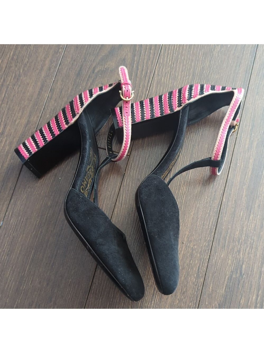 Salvatore Ferragamo Black/Pink Suede And Leather Fergie T-Strap Pumps - Picture 8 of 13